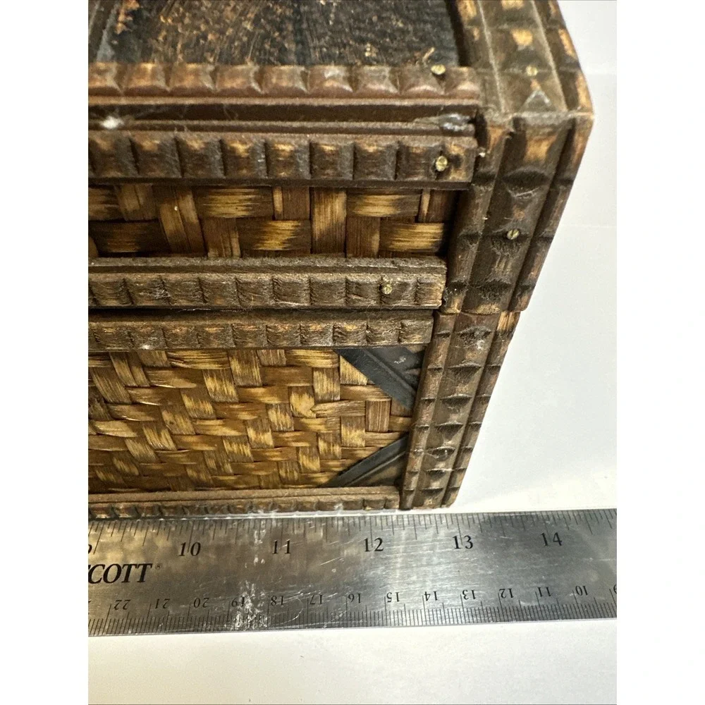 Woven Wooden Treasure Chest Storage Box w/ Metal Handle & Latch, Brown